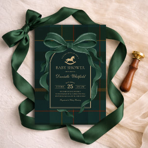 Convite de Chá de Bebê Polo Tartan Equestre Verde 