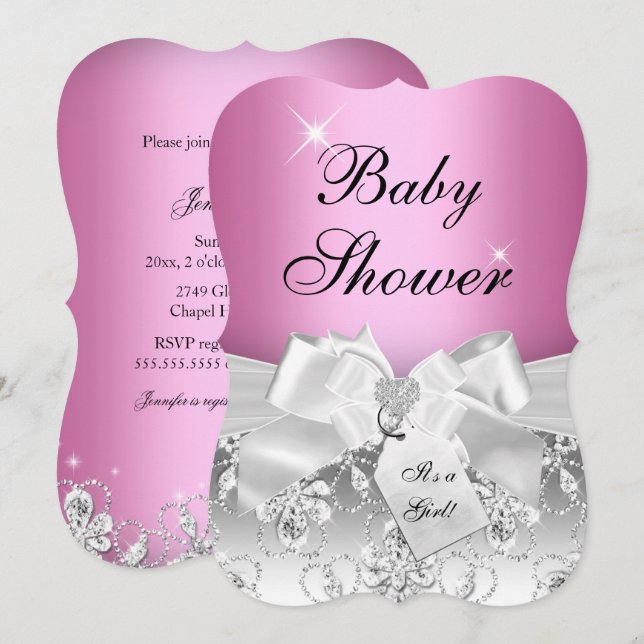 Convite de Chá de Bebê Pretty Diamond Bow Rosa (Frente/Verso)