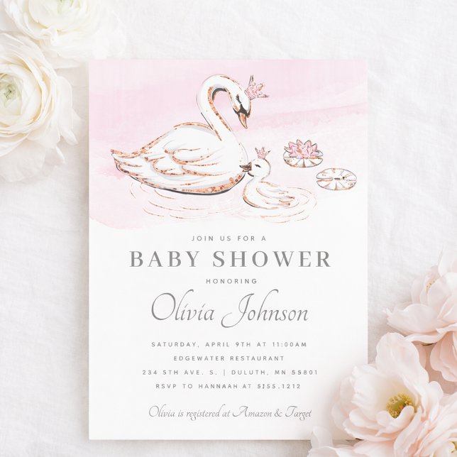 Convite de Chá de Bebê Princesa Cisne Rosa Moderno (Modern Pink Princess Swan Baby Shower Invitation)