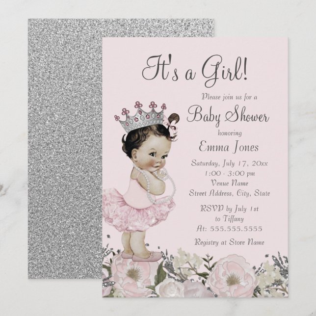 Convite de Chá de Bebê Princesa Floral Prata Rosa (Frente/Verso)