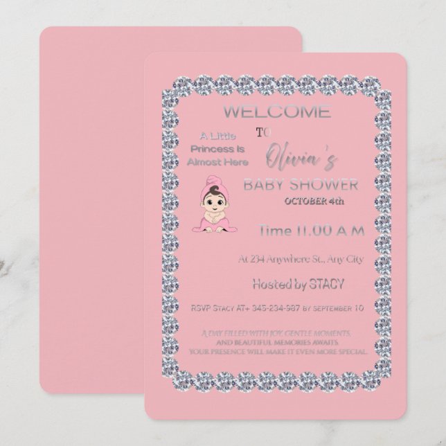 Convite de Chá de Bebê Princesa Rosa | Flo Elegant (Frente/Verso)