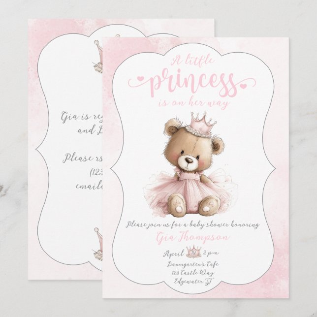 Convite de Chá de Bebê Princesinha com Ursinho (Frente/Verso)