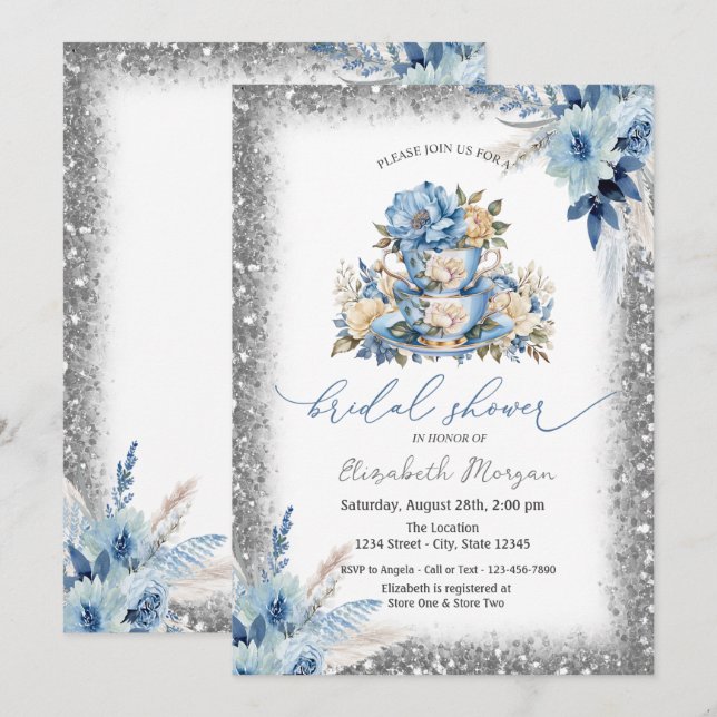 Convite de Chá de Bebê Quadro Floral Azul Brilhant (Frente/Verso)