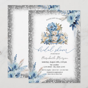 Convite de Chá de Bebê Quadro Floral Azul Brilhant