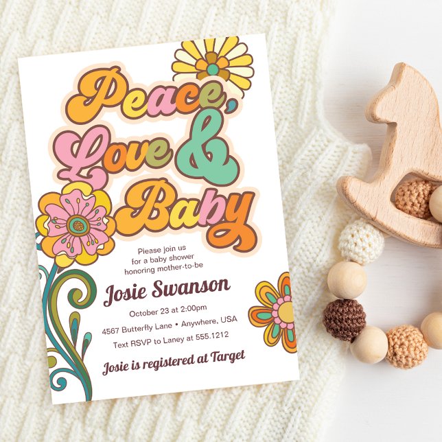 Convite de Chá de Bebê Retro Paz Amor Bebê Daisy (Retro Peace Love Baby Daisy Baby Shower Invitation)