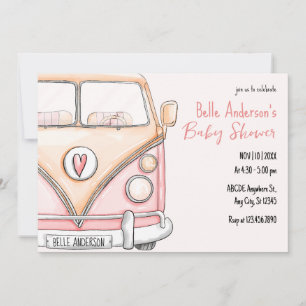 Convite de chá de bebê retrô van rosa