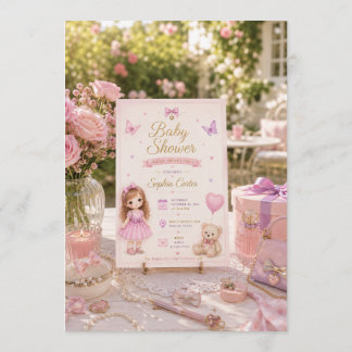 Convite de Chá de Bebê Rosa com Menina Fofa