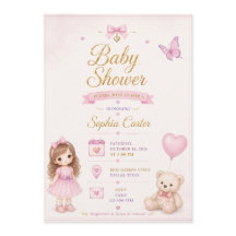 Convite de Chá de Bebê Rosa com Menina Fofa