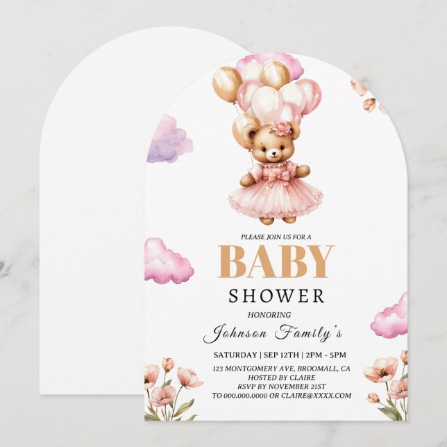Convite de Chá de Bebê Rosa Menina Boho Urso (Frente/Verso)