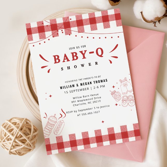 Convite de Chá de Bebê Rustic Red Gingham Baby Q B (Criador carregado)