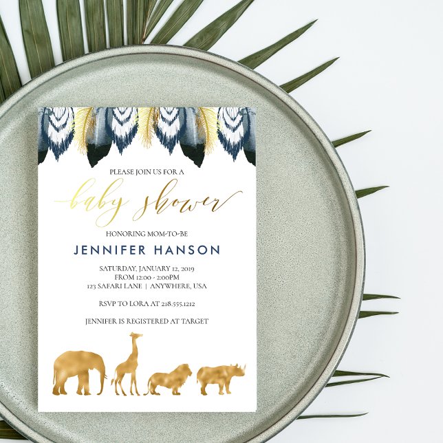Convite de Chá de Bebê Safari Glam Blue Gold (Criador carregado)