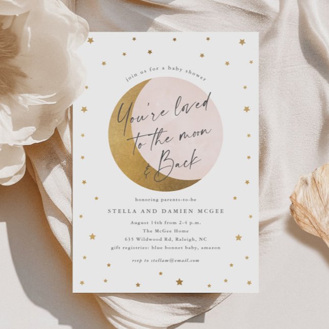 Convite de Chá de Bebê Script Moon and Back (Elegant Script Gold Moon and Stars Pink Girls Baby SHower Invitations.)