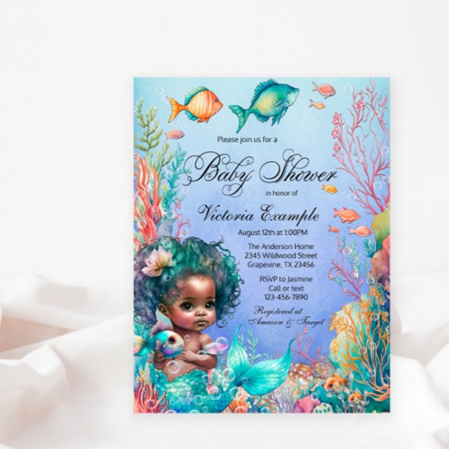 Convite de Chá de Bebê Sereia Africana (Cute mermaid postcard baby shower invitation. )