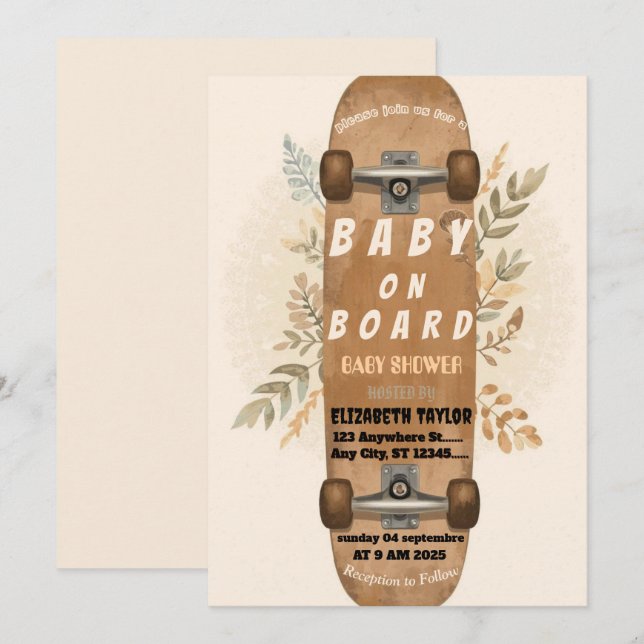 Convite de Chá de Bebê Skate Baby on Board (Frente/Verso)