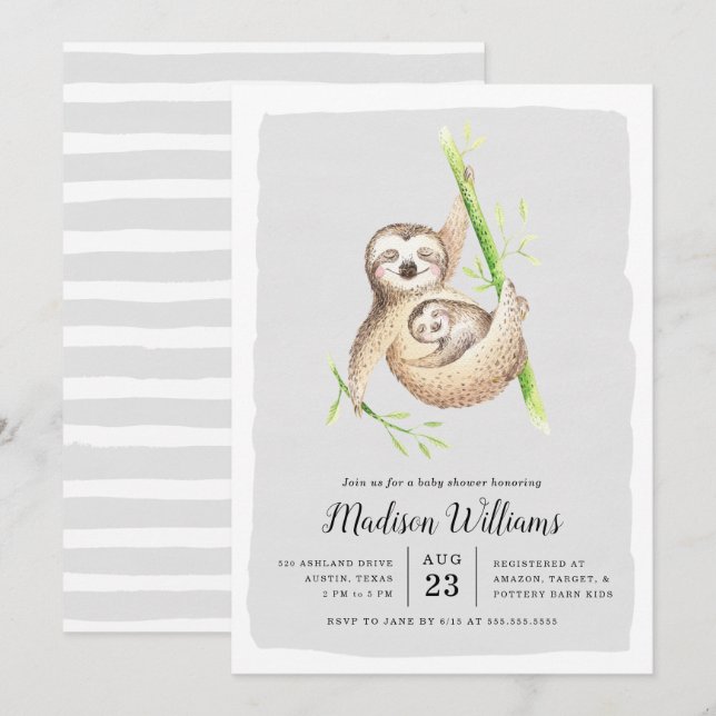 Convite de Chá de Bebê Sloth Baby | Hanging Around (Frente/Verso)