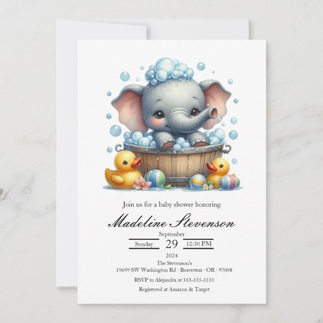 Convite de Chá de Bebê Temático Elefante com Banho (Frente)