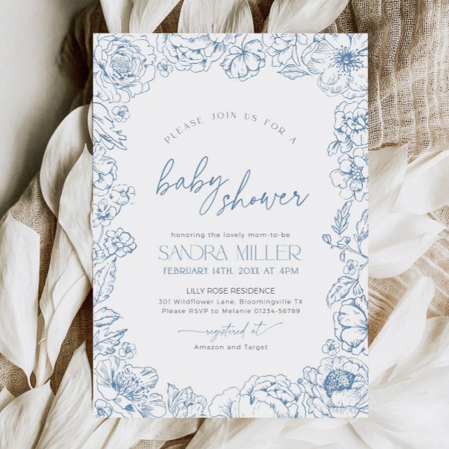 Convite de Chá de Bebê Toile de Jouy Floral Azul (Criador carregado)