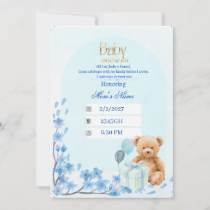 Convite de Chá de Bebê Ursinho Teddy Azul Bebê