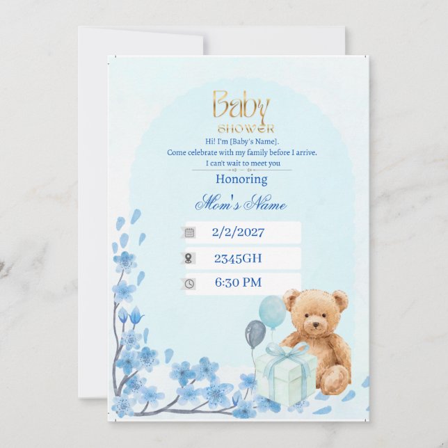Convite de Chá de Bebê | Ursinho Teddy Azul Bebê (Frente)