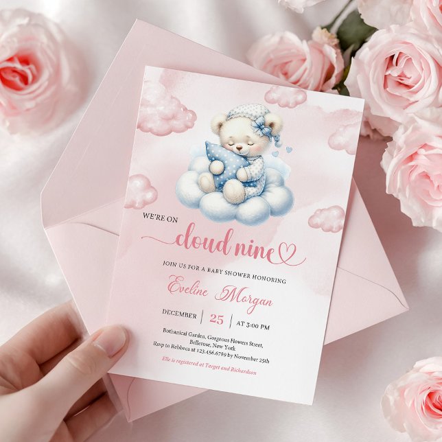 Convite de Chá de Bebê Ursinho Teddy Nuvem 9 Tema (Little Teddy Bear Baby Shower Invite Cloud 9 Theme)
