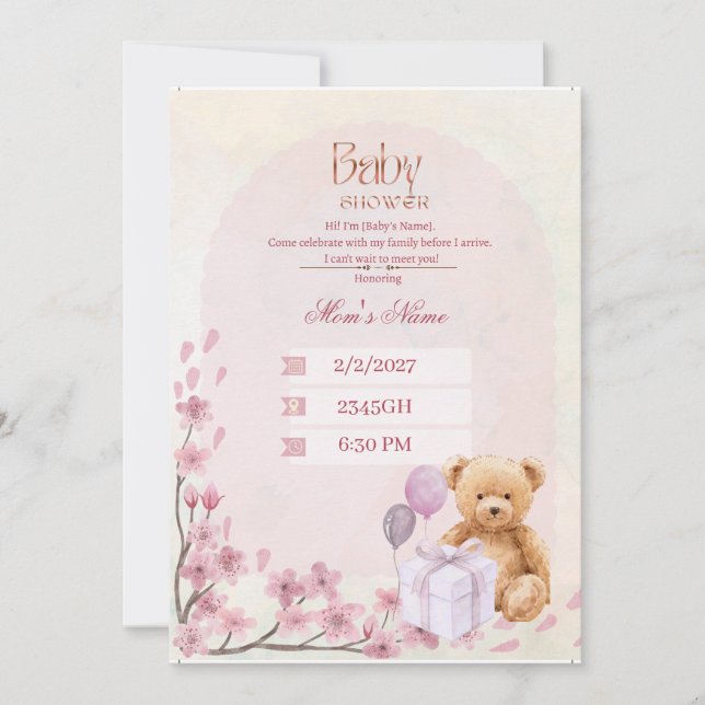 Convite de Chá de Bebê | Ursinho Teddy Rosa Bebê (Frente)