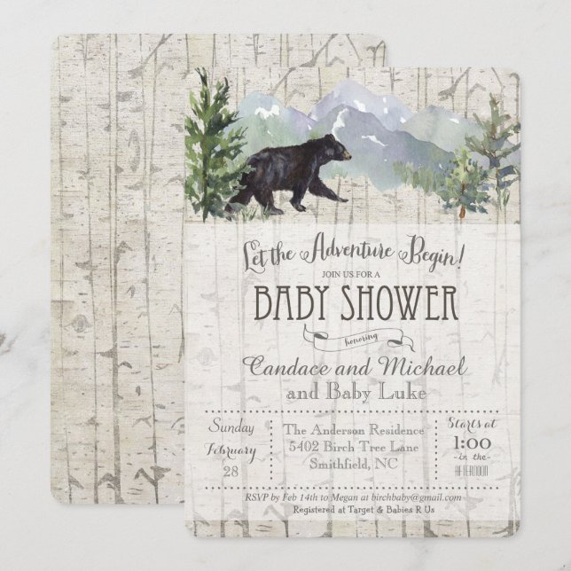 Convite de Chá de Bebê Urso Birch O Aventura Começ (Frente/Verso)
