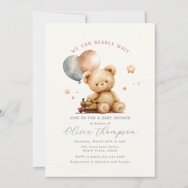 Convite de Chá de Bebê Urso de Pelúcia (Frente)