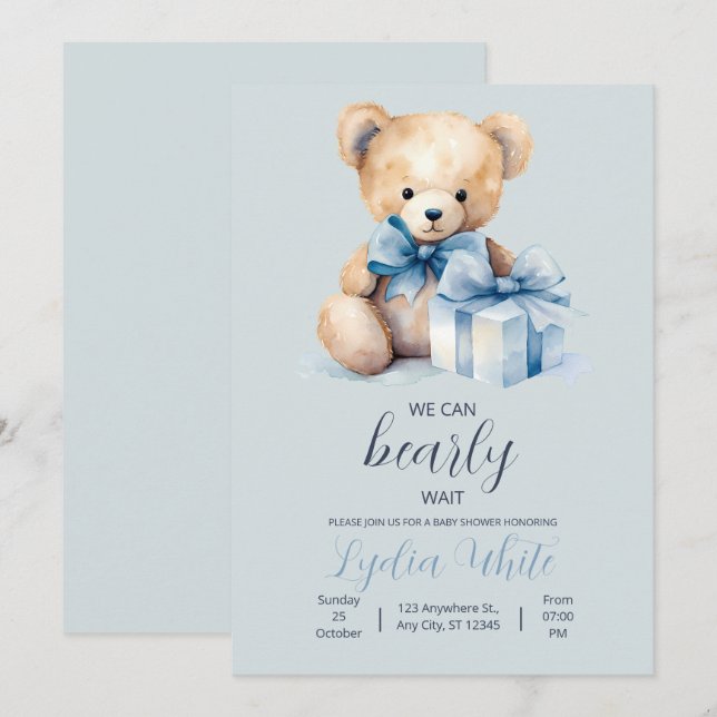 Convite de Chá de Bebê Urso de Pelúcia Mal Pode Es (Frente/Verso)