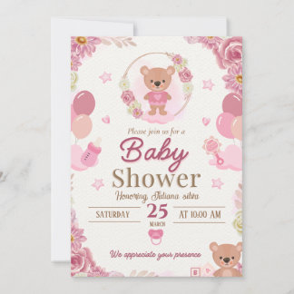 Convite de Chá de Bebê Urso de Pelúcia Rosa