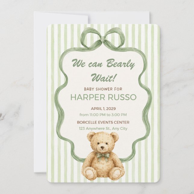 Convite de Chá de Bebê Urso de Pelúcia Verde (Frente)
