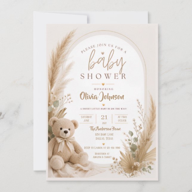 Convite de Chá de Bebê Urso Teddy Boho (Frente)