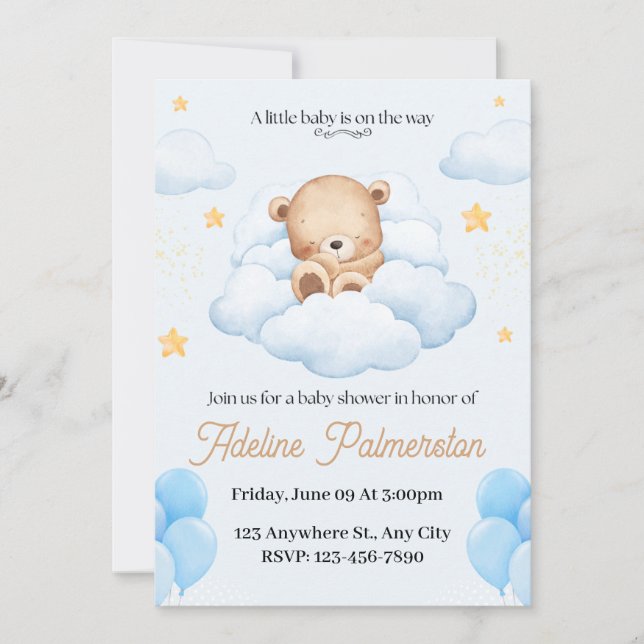 Convite de Chá de Bebê Urso Teddy Fofo (Frente)
