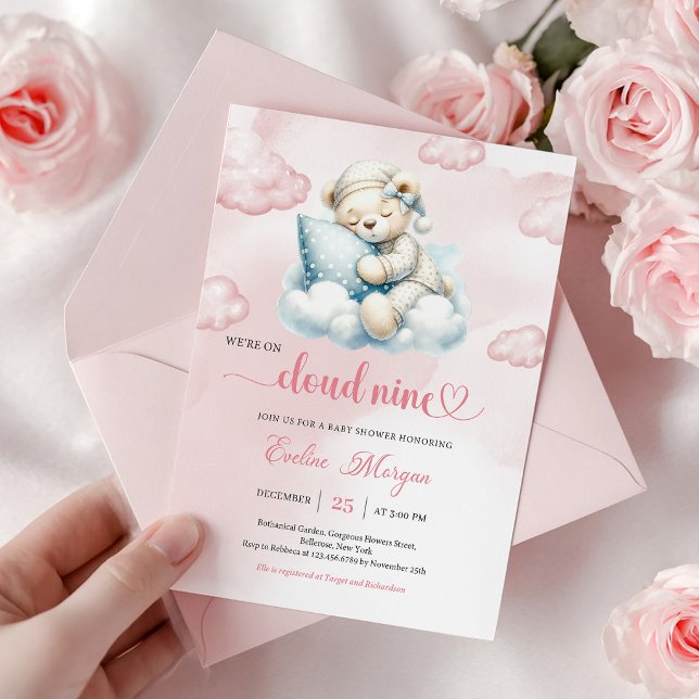 Convite de Chá de Bebê Urso Teddy Fofo Tema Nuvem  (Cute Teddy Bear Baby Shower Invite Cloud 9 Theme)