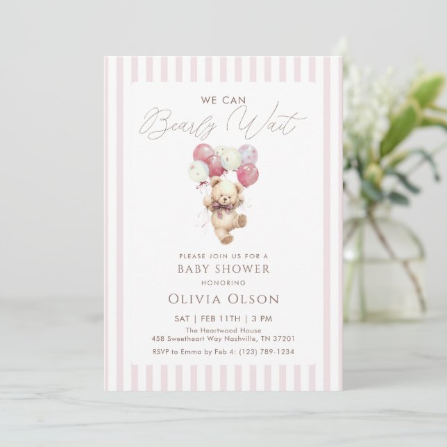 Convite de Chá de Bebê Urso Teddy Rosa Malva Beary (Em pé/Frente)