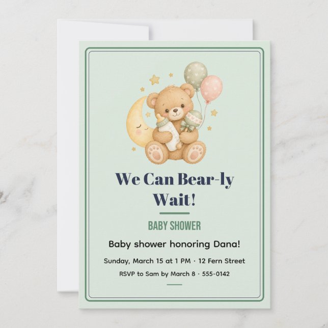 Convite de Chá de Bebê Urso Teddy Sage - Mal Podem (Frente)