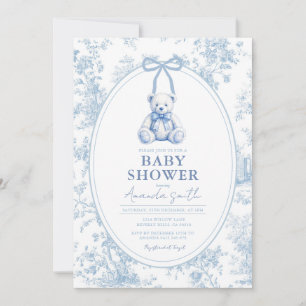 Convite de Chá de Bebê Urso Toile Azul Francês