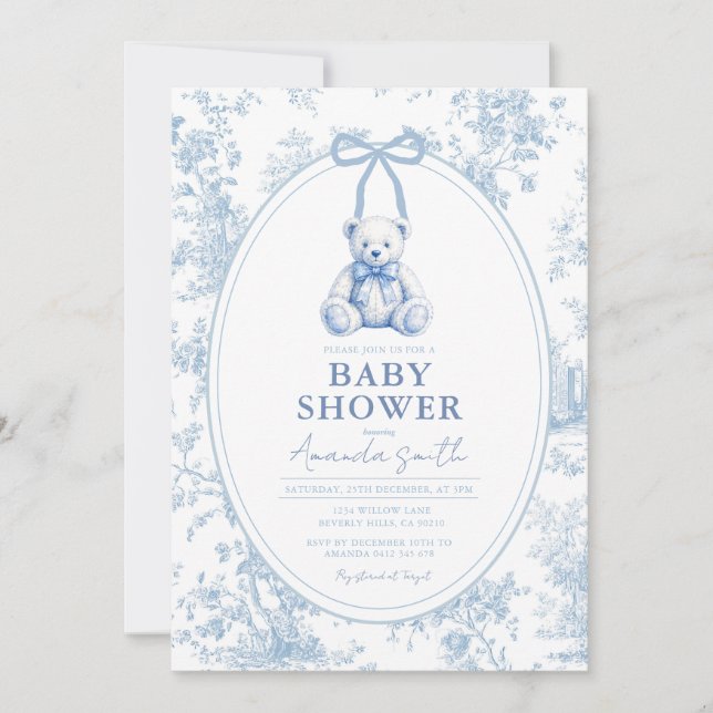Convite de Chá de Bebê Urso Toile Azul Francês (Frente)