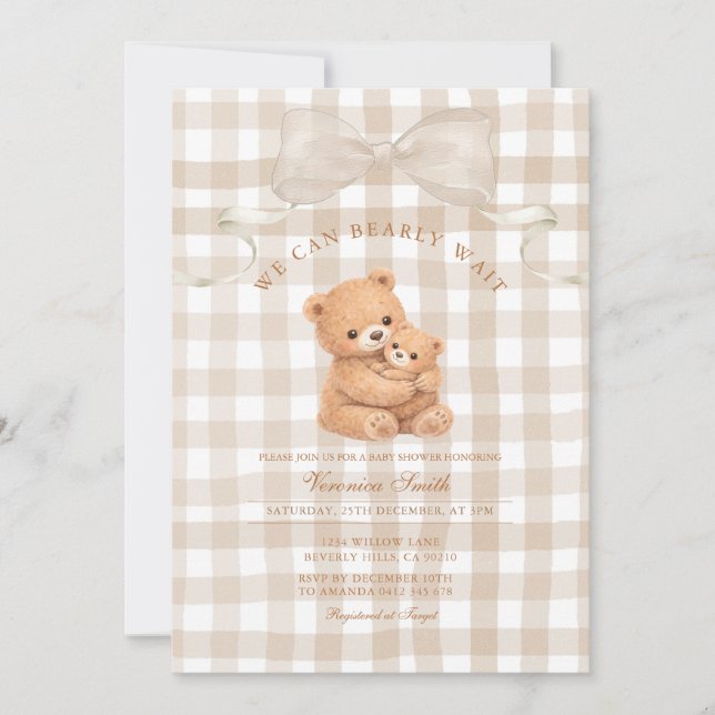 Convite de Chá de Bebê Urso Xadrez Bege Neutro (Frente)