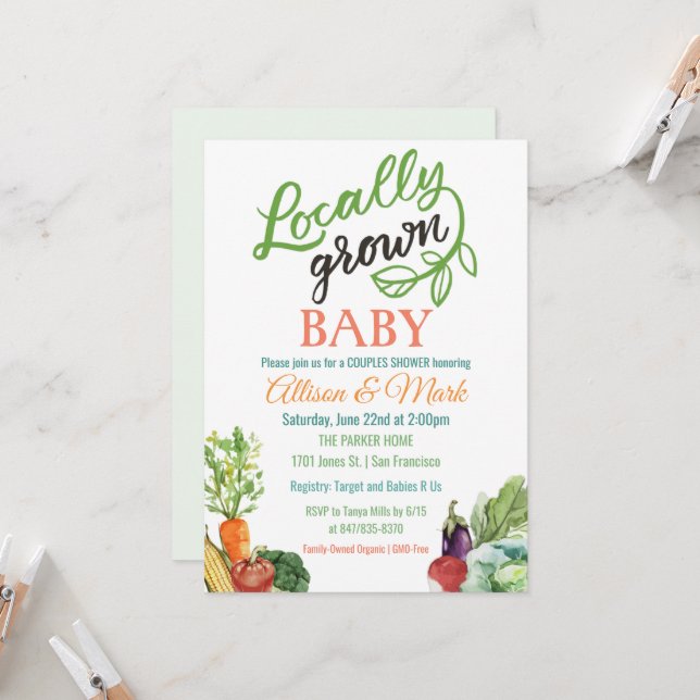 Convite de Chá de Bebê Vegetariano de Produtos Loc (Frente/Verso In Situ)