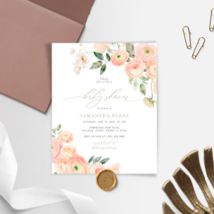 Convite de chá de bebê verde-sage e blush econômic