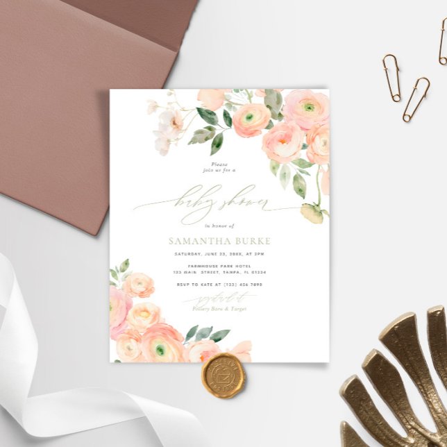 Convite de chá de bebê verde-sage e blush econômic (Criador carregado)