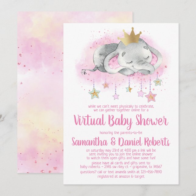 Convite de Chá de Bebê Virtual Princesa Elefante (Frente/Verso)