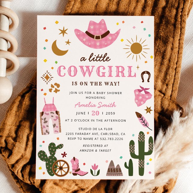 Convite de Chá de Bebê Western Rosa Pequena Cowgir (Little Cowgirl Pink Western Baby Shower Invitation, girl rodeo baby shower invite, pink wild west)