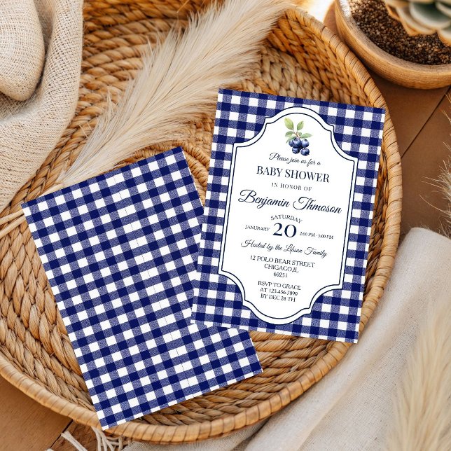 Convite de Chá de Bebê Xadrez Azul Doce de Frutas (Criador carregado)