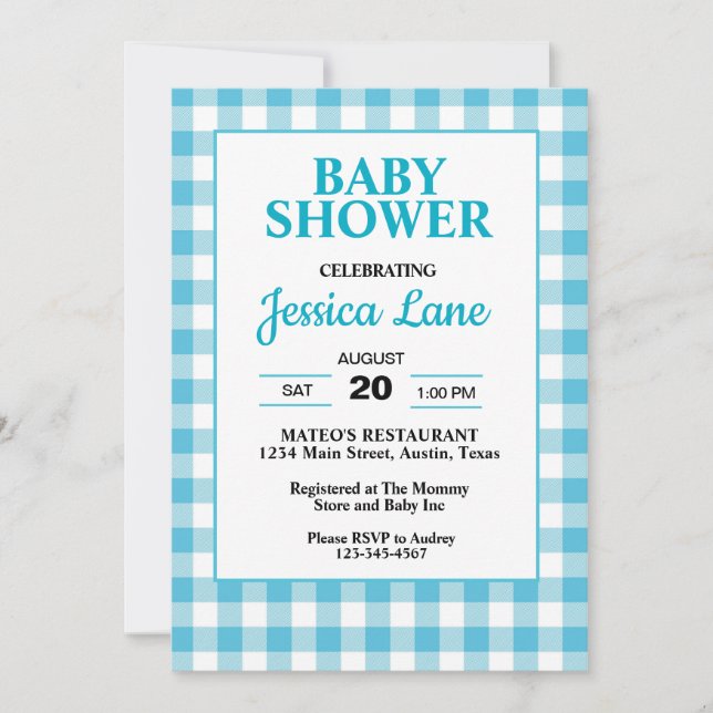 Convite de Chá de Bebê Xadrez Azul Gingham (Frente)
