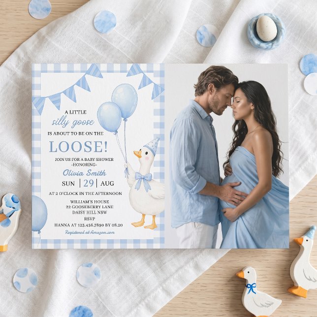 Convite de Chá de Bebê Xadrez Azul Silly Goose (Criador carregado)