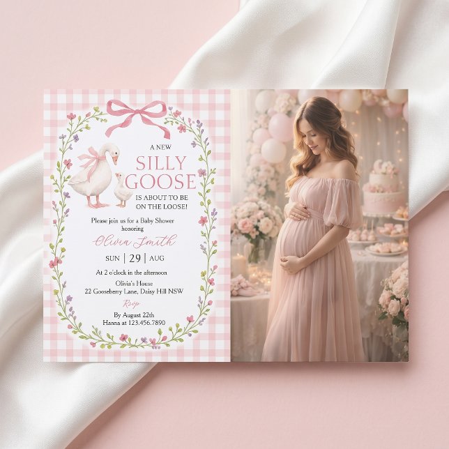 Convite de Chá de Bebê Xadrez Rosa Silly Goose (Criador carregado)