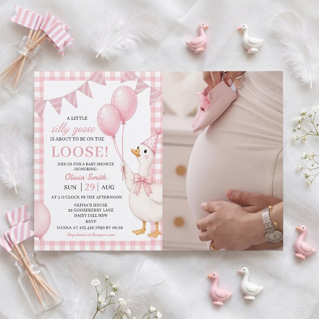 Convite de Chá de Bebê Xadrez Rosa Silly Goose (Criador carregado)