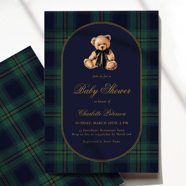 Convite de Chá de Bebê Xadrez Urso Vintage (Criador carregado)