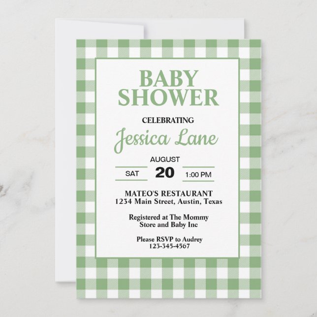 Convite de Chá de Bebê Xadrez Verde Gingham (Frente)